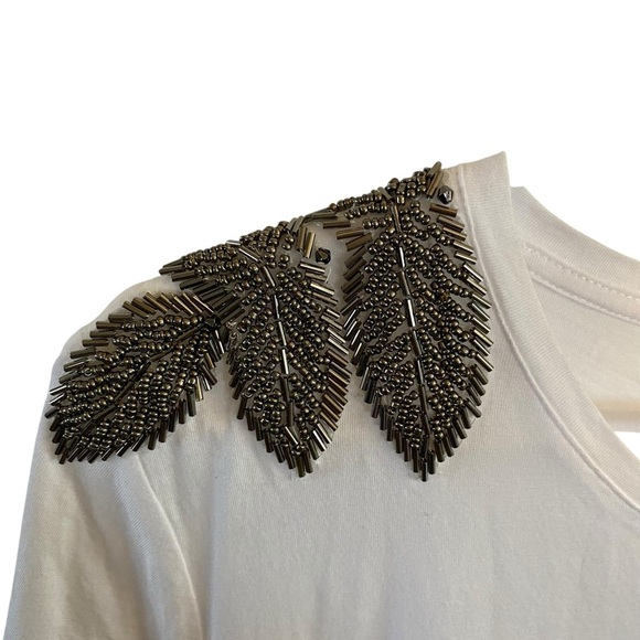 123 White Cotton T-shirt Top Embellished Zirconium Beaded Shoulders blouse - Picture 3 of 8